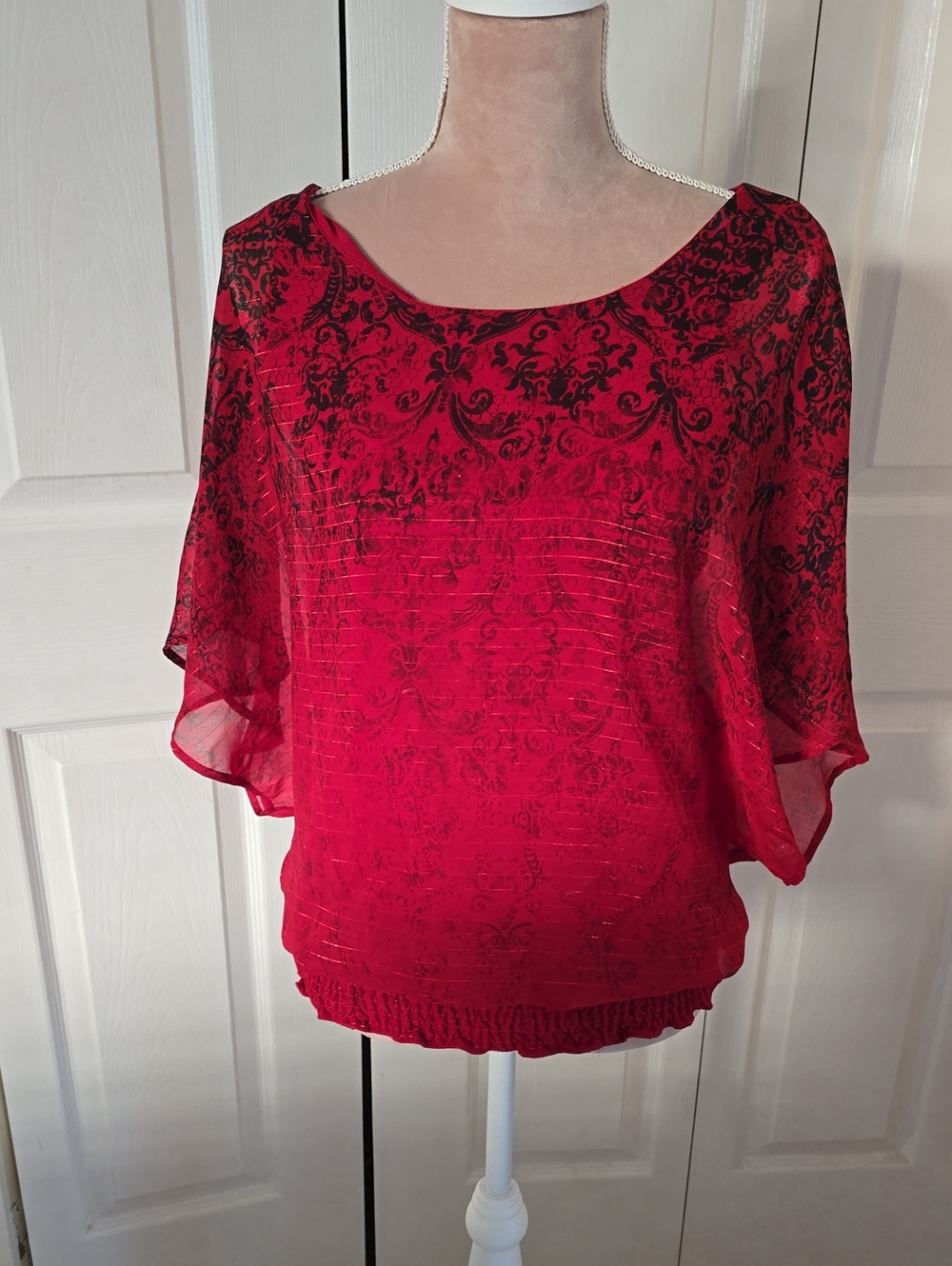 Studio Y Red & Black Sheer Printed Flutter Top